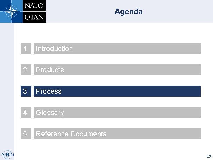 Agenda 1. Introduction 2. Products 3. Process 4. Glossary 5. Reference Documents 19 