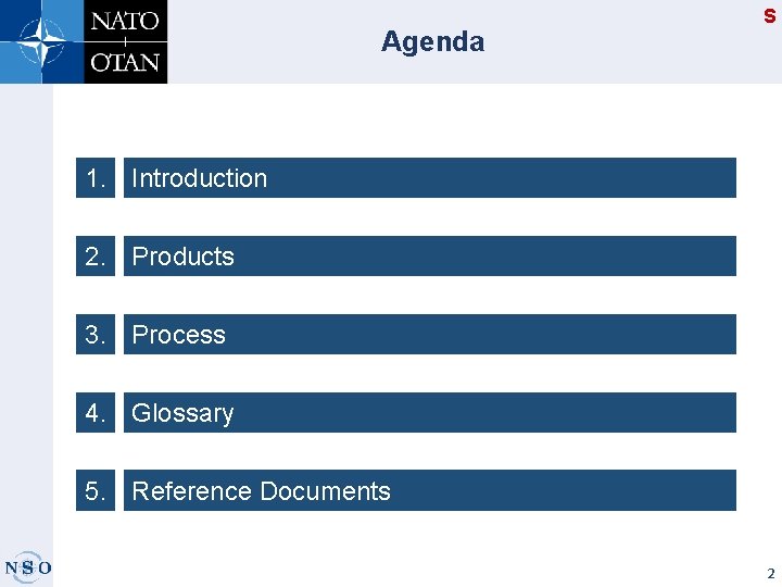 Agenda S 1. Introduction 2. Products 3. Process 4. Glossary 5. Reference Documents 2