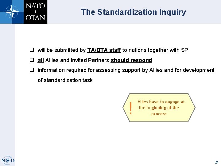 The Standardization Inquiry q will be submitted by TA/DTA staff to nations together with