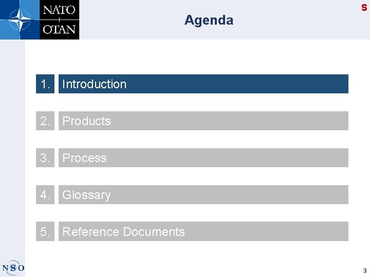 Agenda S 1. Introduction 2. Products 3. Process 4. Glossary 5. Reference Documents 3