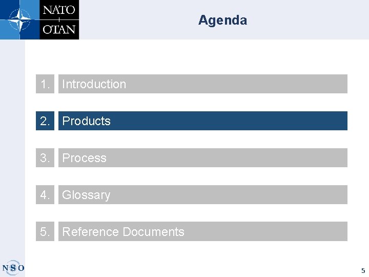 Agenda 1. Introduction 2. Products 3. Process 4. Glossary 5. Reference Documents 5 
