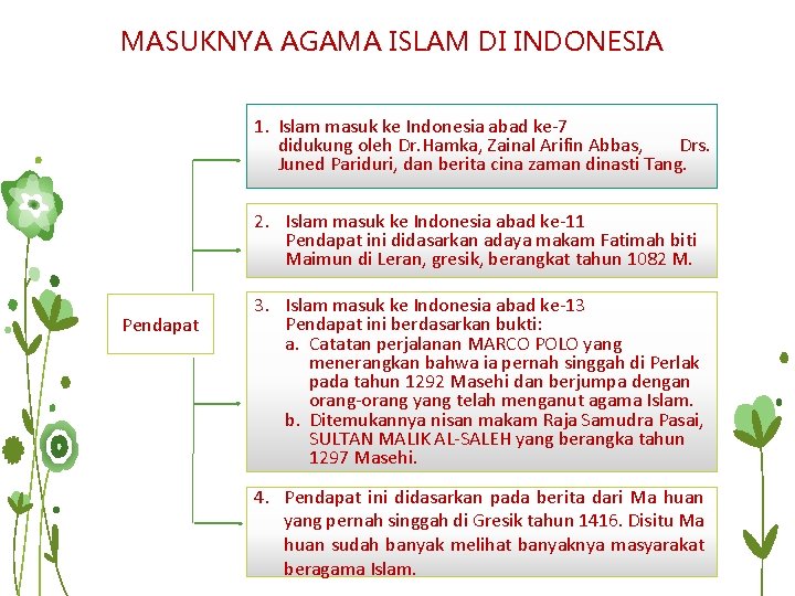 MASUKNYA AGAMA ISLAM DI INDONESIA 1. Islam masuk ke Indonesia abad ke-7 didukung oleh