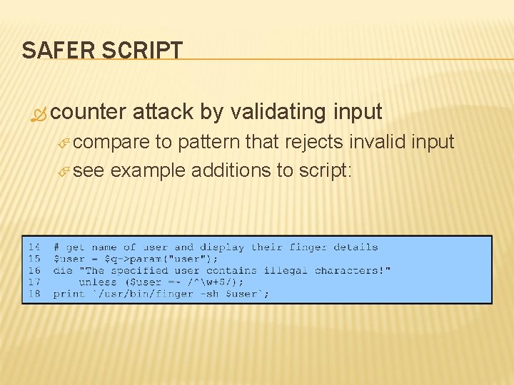 SAFER SCRIPT counter attack by validating input compare to pattern that rejects invalid input
