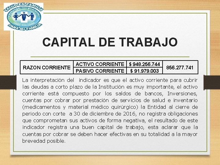 CAPITAL DE TRABAJO RAZON CORRIENTE ACTIVO CORRIENTE $ 948. 256. 744 PASIVO CORRIENTE $