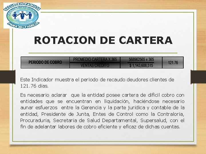 ROTACION DE CARTERA Este Indicador muestra el periodo de recaudo deudores clientes de 121.