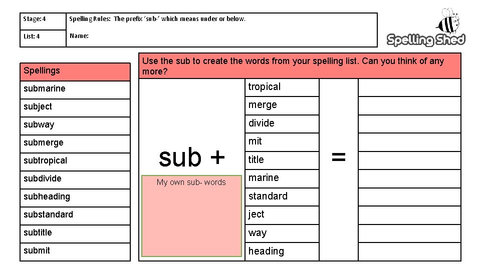 Stage: 4 Spelling Rules: The prefix ‘sub-’ which means under or below. List: 4