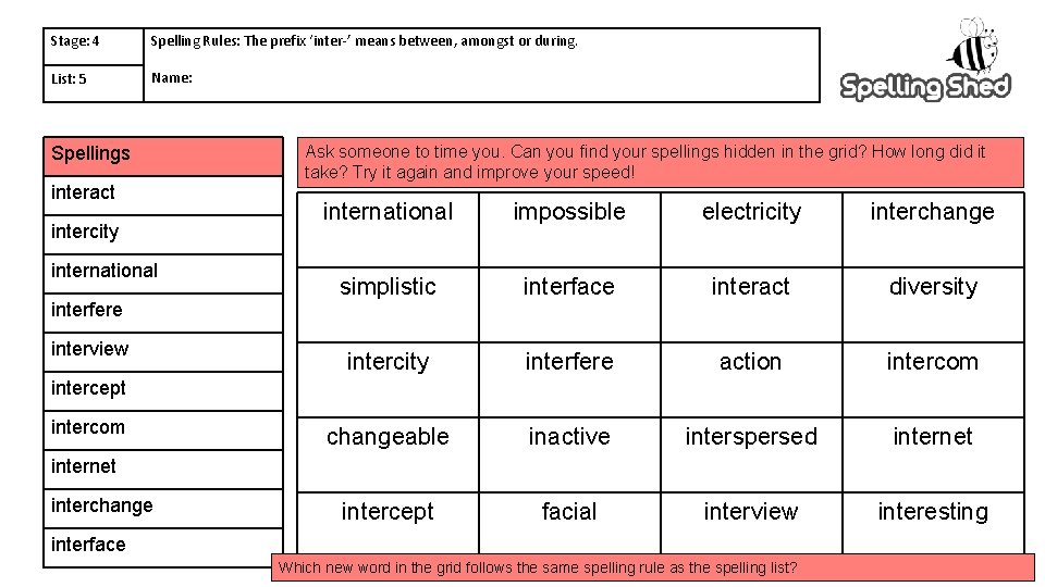 Stage: 4 Spelling Rules: The prefix ‘inter-’ means between, amongst or during. List: 5