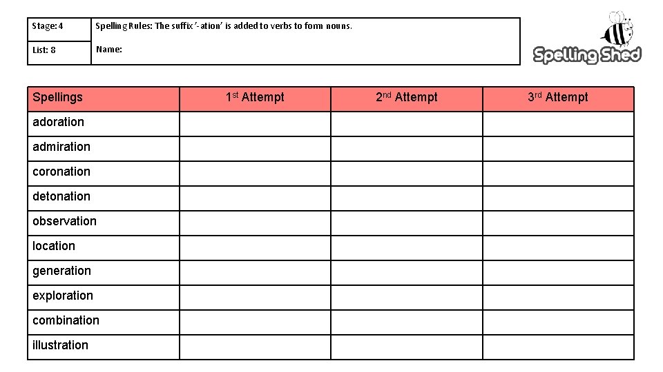 Stage: 4 Spelling Rules: The suffix ’-ation’ is added to verbs to form nouns.