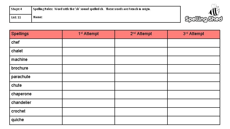 Stage: 4 Spelling Rules: Word with the ’sh’ sound spelled ch. These words are