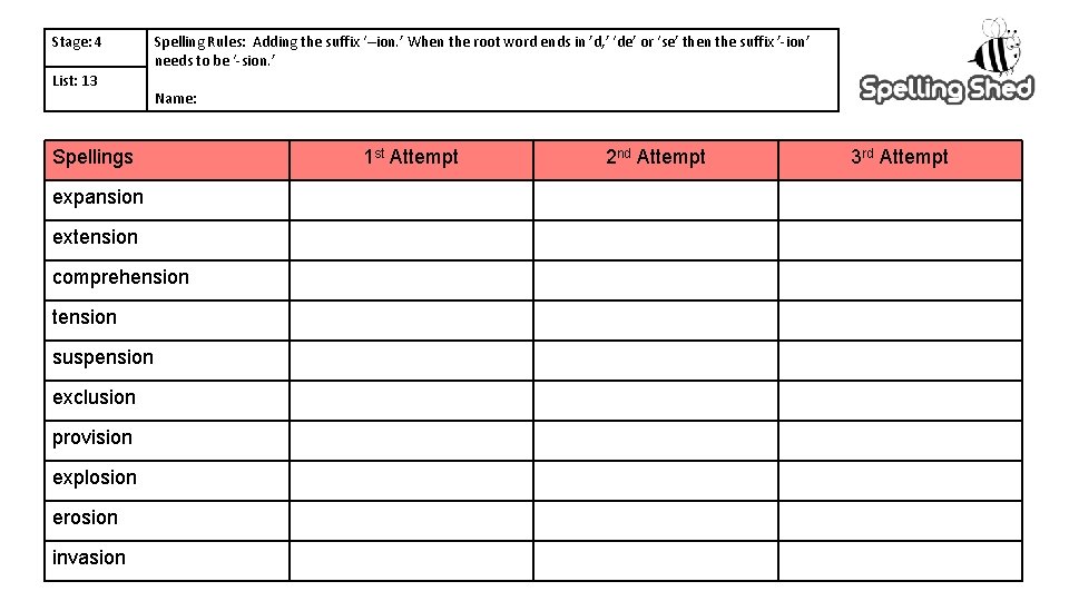 Stage: 4 List: 13 Spelling Rules: Adding the suffix ‘–ion. ’ When the root