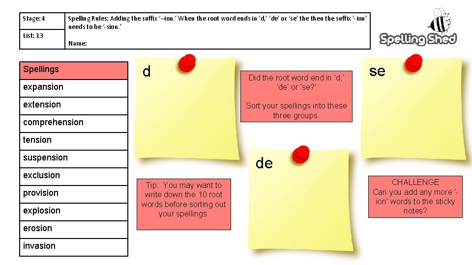 Stage: 4 List: 13 Spelling Rules: Adding the suffix ‘–ion. ’ When the root
