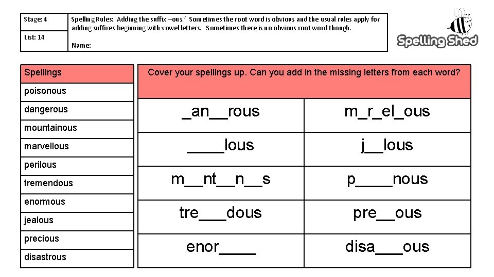 Stage: 4 List: 14 Spelling Rules: Adding the suffix –ous. ’ Sometimes the root