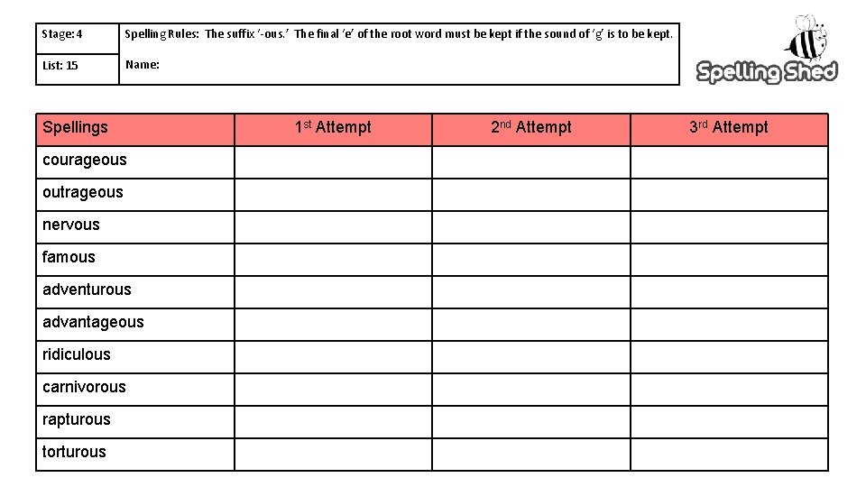 Stage: 4 Spelling Rules: The suffix ‘-ous. ’ The final ‘e’ of the root