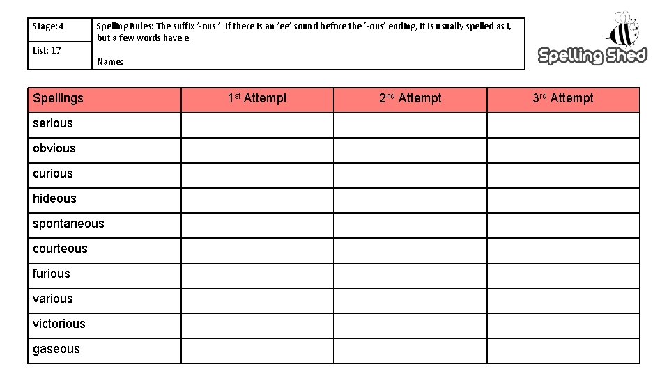 Stage: 4 List: 17 Spelling Rules: The suffix ‘-ous. ’ If there is an