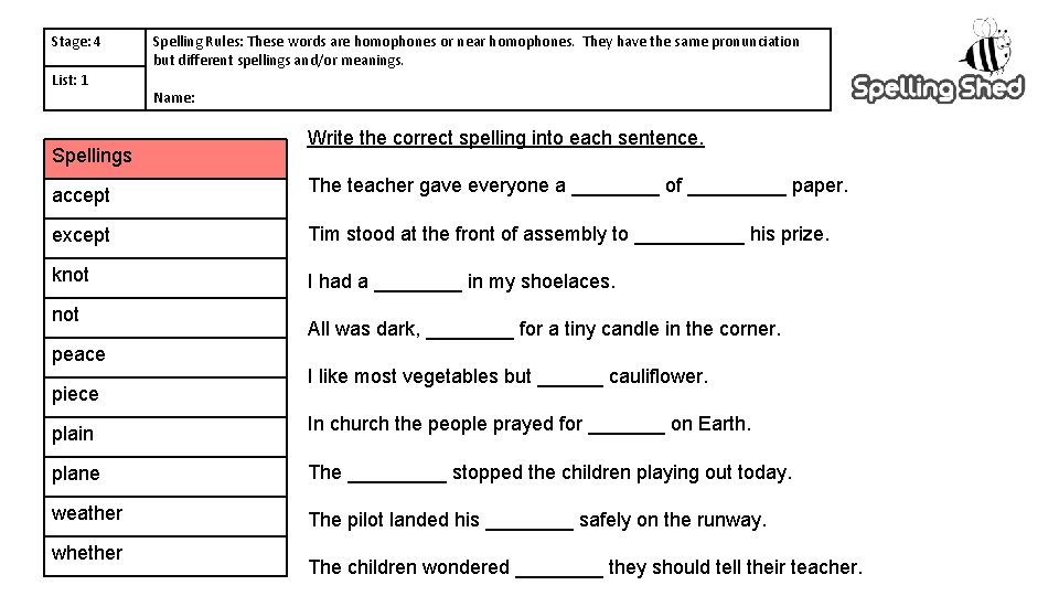 Stage: 4 List: 1 Spelling Rules: These words are homophones or near homophones. They