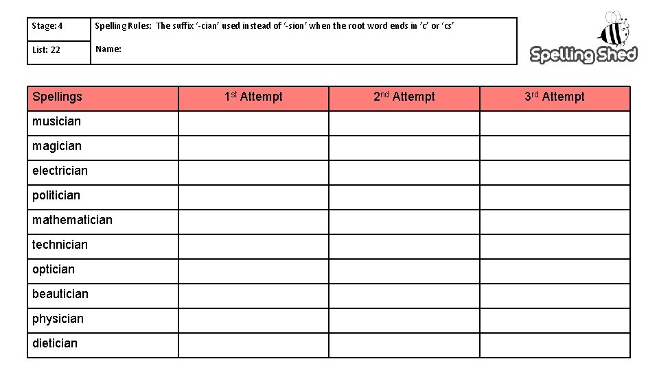 Stage: 4 Spelling Rules: The suffix ‘-cian’ used instead of ‘-sion’ when the root