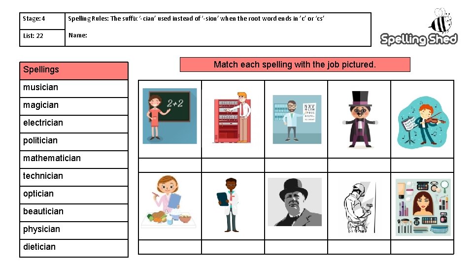 Stage: 4 Spelling Rules: The suffix ‘-cian’ used instead of ‘-sion’ when the root