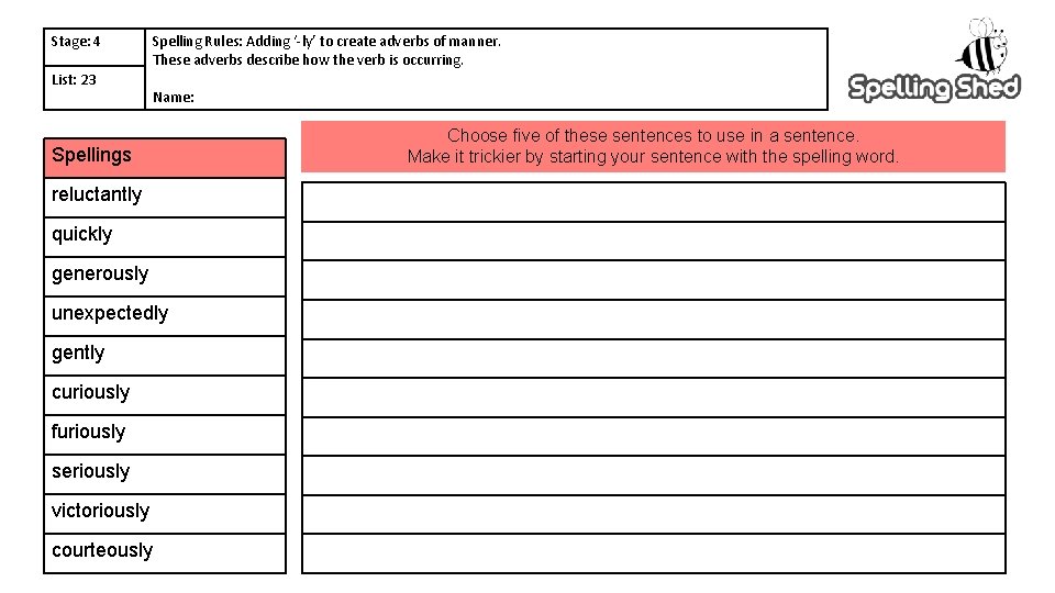 Stage: 4 List: 23 Spelling Rules: Adding ‘-ly’ to create adverbs of manner. These