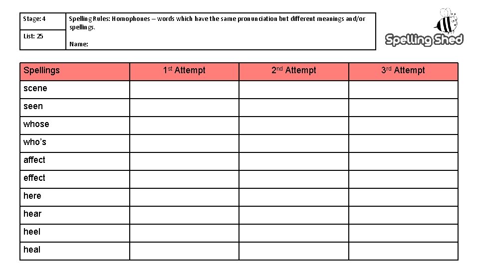 Stage: 4 List: 25 Spellings scene seen whose who’s affect effect here hear heel