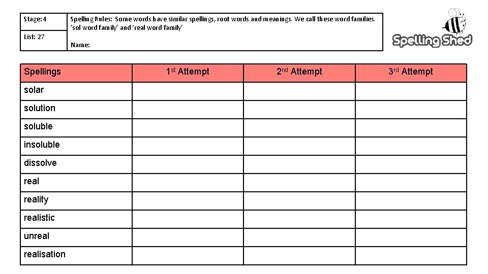 Stage: 4 List: 27 Spellings solar solution soluble insoluble dissolve reality realistic unrealisation Spelling