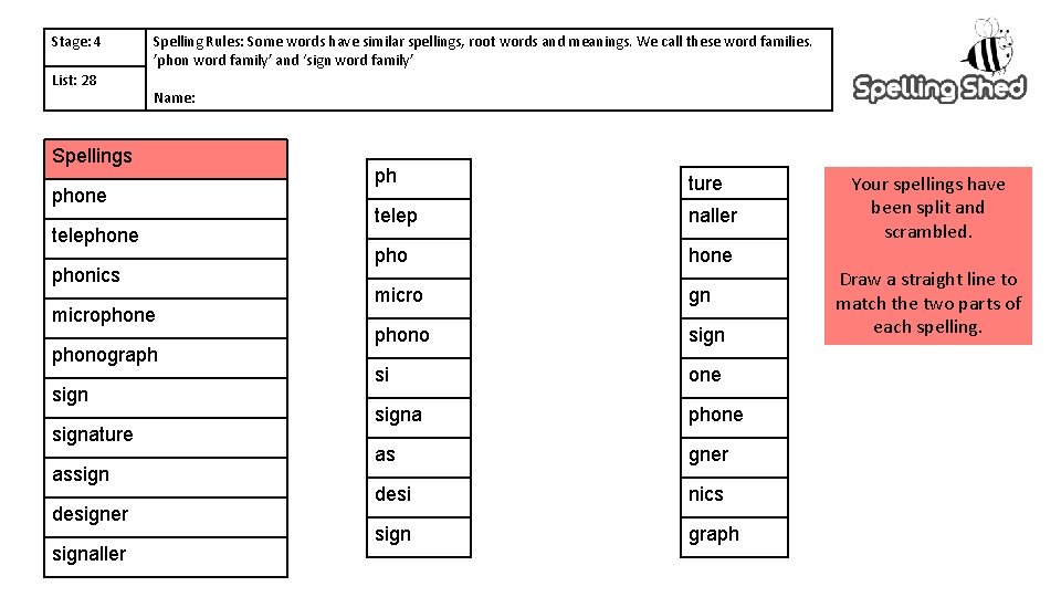 Stage: 4 List: 28 Spelling Rules: Some words have similar spellings, root words and