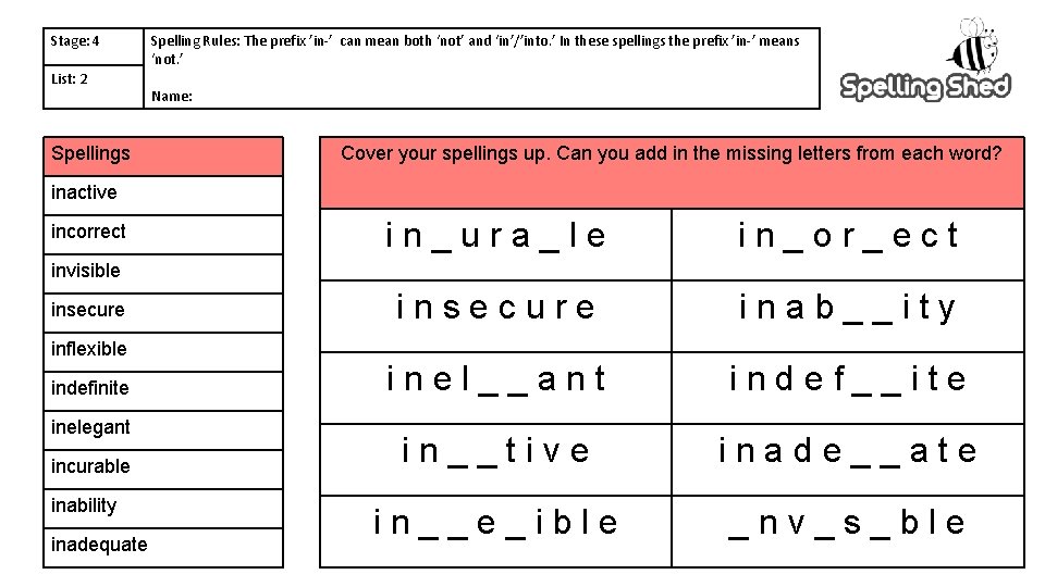 Stage: 4 List: 2 Spellings Spelling Rules: The prefix ’in-’ can mean both ‘not’