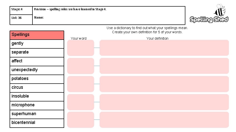 Stage: 4 Revision – spelling rules we have learned in Stage 4. List: 36