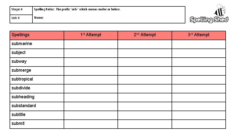 Stage: 4 Spelling Rules: The prefix ‘sub-’ which means under or below. List: 4