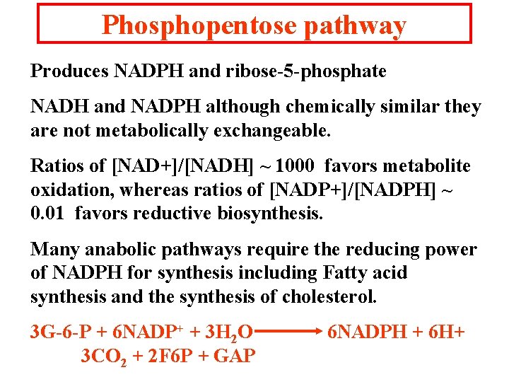 Phosphopentose pathway Produces NADPH and ribose-5 -phosphate NADH and NADPH although chemically similar they