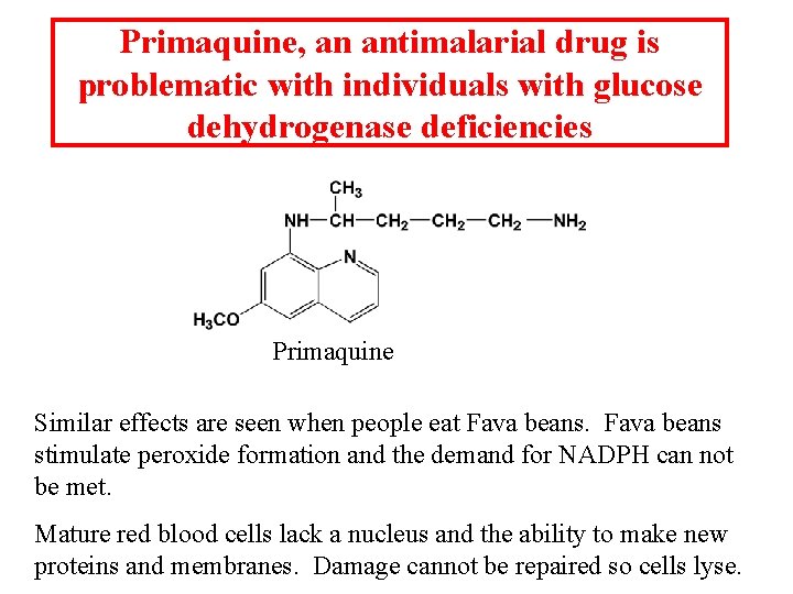 Primaquine, an antimalarial drug is problematic with individuals with glucose dehydrogenase deficiencies Primaquine Similar