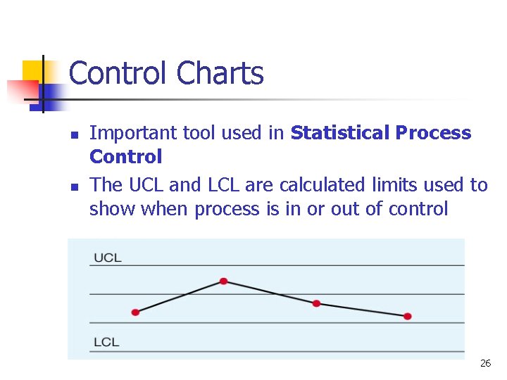 Control Charts n n Important tool used in Statistical Process Control The UCL and