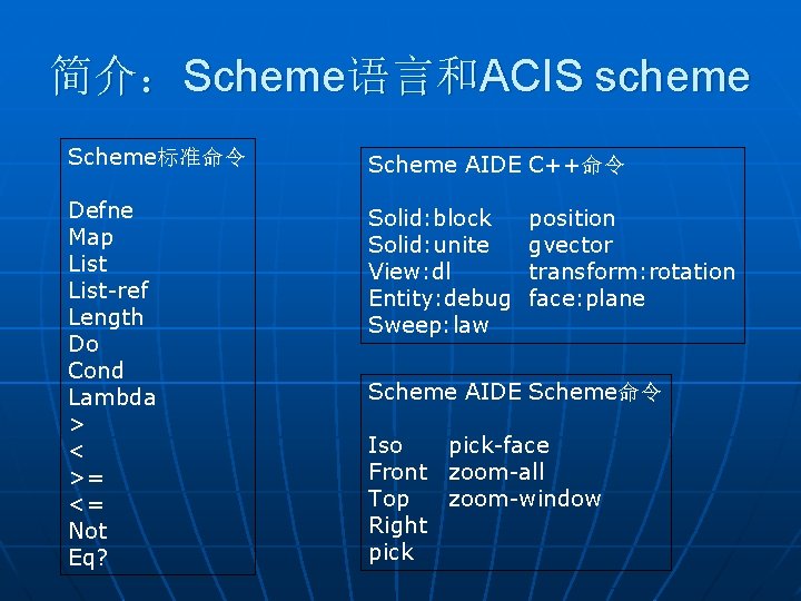 简介：Scheme语言和ACIS scheme Scheme标准命令 Scheme AIDE C++命令 Defne Map List-ref Length Do Cond Lambda >