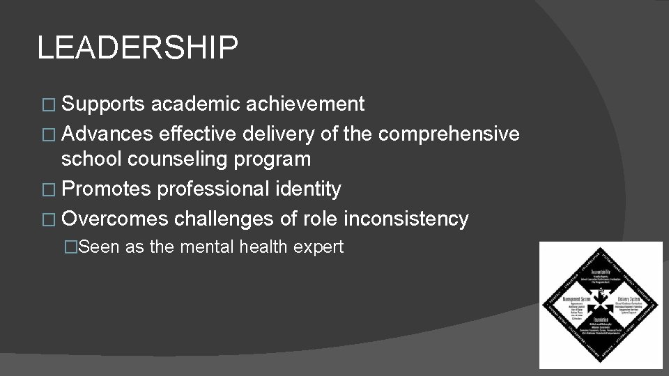 LEADERSHIP � Supports academic achievement � Advances effective delivery of the comprehensive school counseling