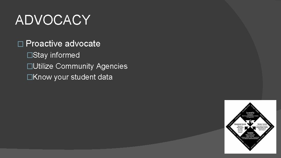 ADVOCACY � Proactive advocate �Stay informed �Utilize Community Agencies �Know your student data 