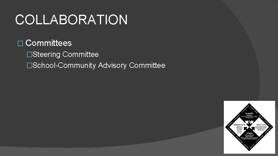 COLLABORATION � Committees �Steering Committee �School-Community Advisory Committee 