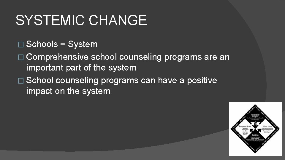 SYSTEMIC CHANGE � Schools = System � Comprehensive school counseling programs are an important