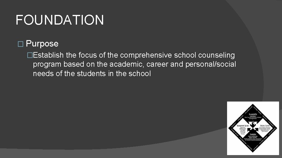 FOUNDATION � Purpose �Establish the focus of the comprehensive school counseling program based on