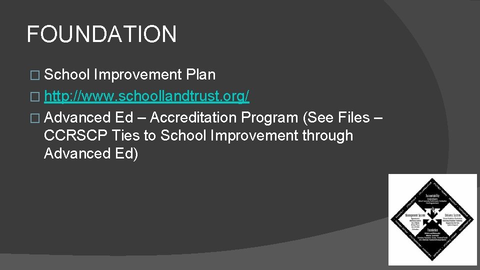 FOUNDATION � School Improvement Plan � http: //www. schoollandtrust. org/ � Advanced Ed –