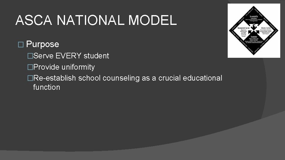 ASCA NATIONAL MODEL � Purpose �Serve EVERY student �Provide uniformity �Re-establish school counseling as