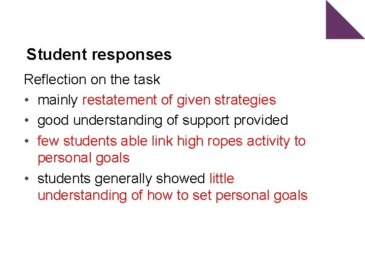 Student responses Reflection on the task • mainly restatement of given strategies • good