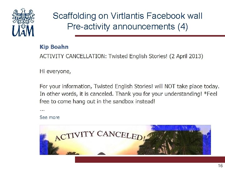 Scaffolding on Virtlantis Facebook wall Pre-activity announcements (4) 16 