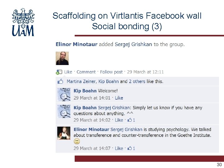 Scaffolding on Virtlantis Facebook wall Social bonding (3) 30 