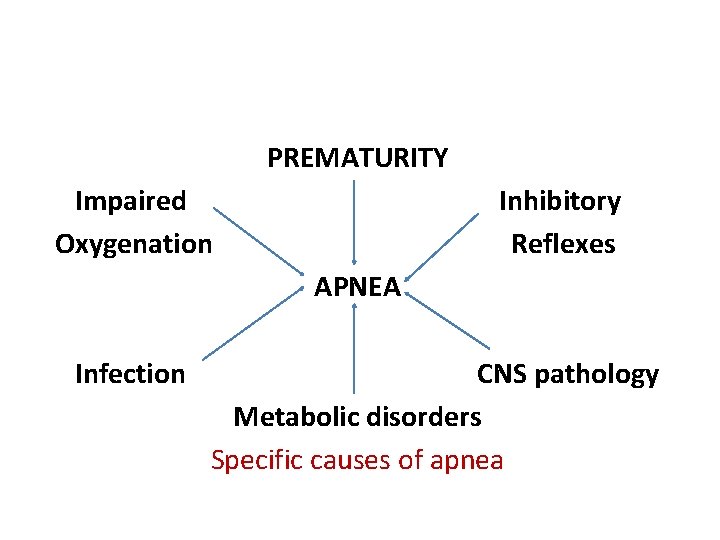 PREMATURITY Impaired Oxygenation Inhibitory Reflexes APNEA Infection CNS pathology Metabolic disorders Specific causes of