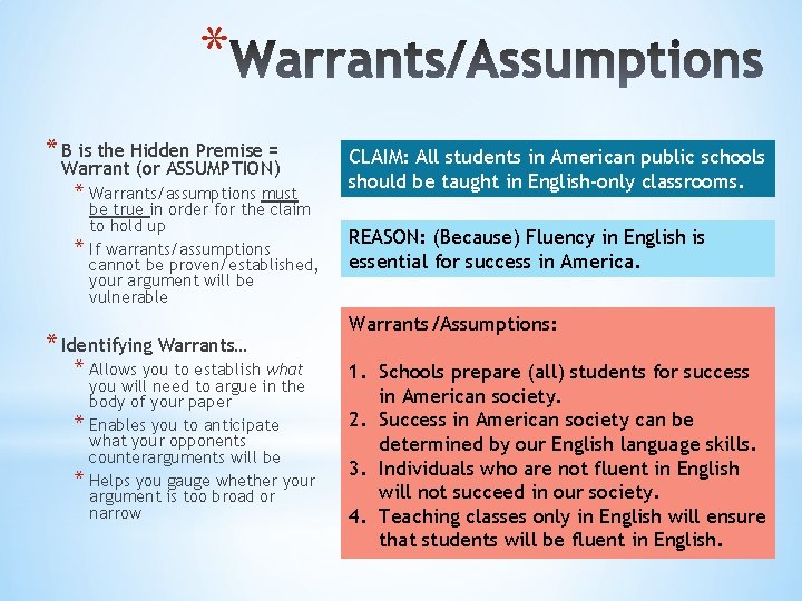 * * B is the Hidden Premise = Warrant (or ASSUMPTION) * Warrants/assumptions must