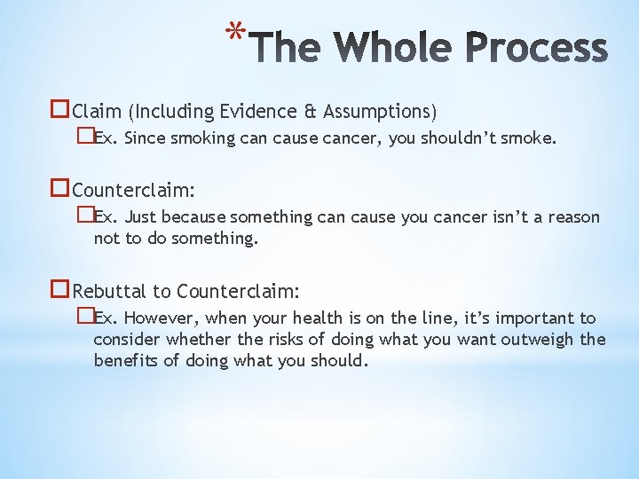 * Claim (Including Evidence & Assumptions) �Ex. Since smoking can cause cancer, you shouldn’t