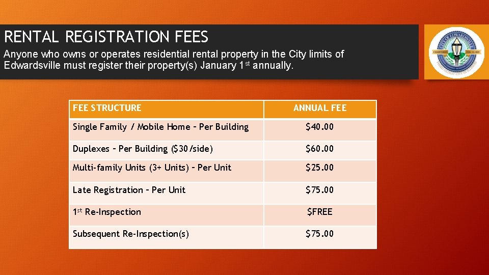 RENTAL REGISTRATION FEES Anyone who owns or operates residential rental property in the City