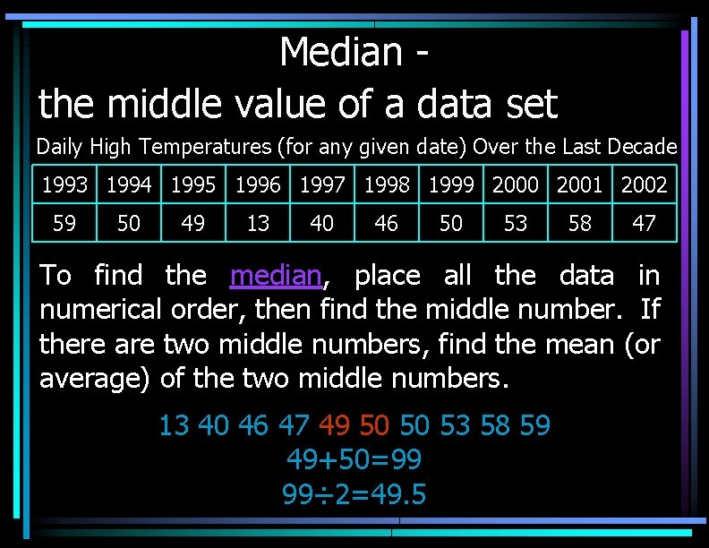 Median the middle value of a data set Daily High Temperatures (for any given