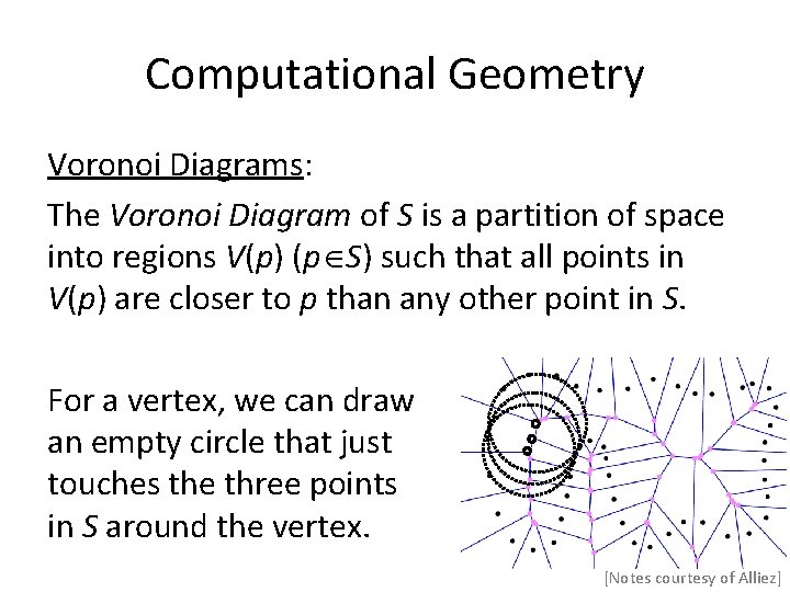 Computational Geometry Voronoi Diagrams: The Voronoi Diagram of S is a partition of space Computational Geometry Voronoi Diagrams: The Voronoi Diagram of S is a partition of space