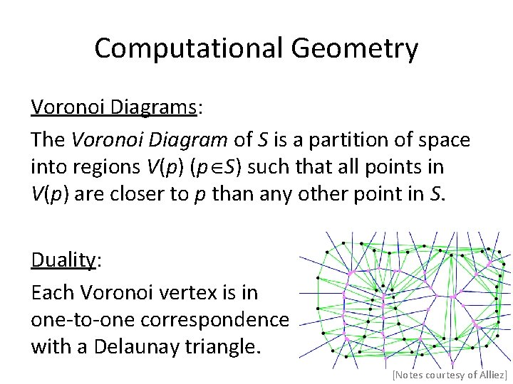 Computational Geometry Voronoi Diagrams: The Voronoi Diagram of S is a partition of space Computational Geometry Voronoi Diagrams: The Voronoi Diagram of S is a partition of space