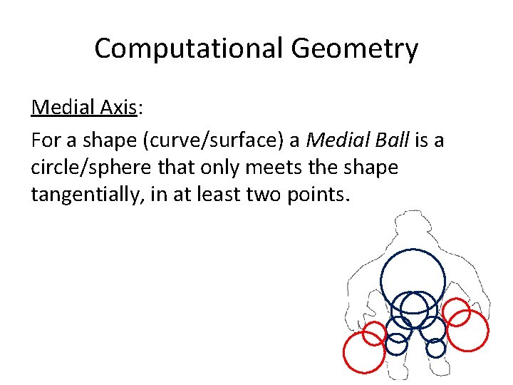 Computational Geometry Medial Axis: For a shape (curve/surface) a Medial Ball is a circle/sphere Computational Geometry Medial Axis: For a shape (curve/surface) a Medial Ball is a circle/sphere